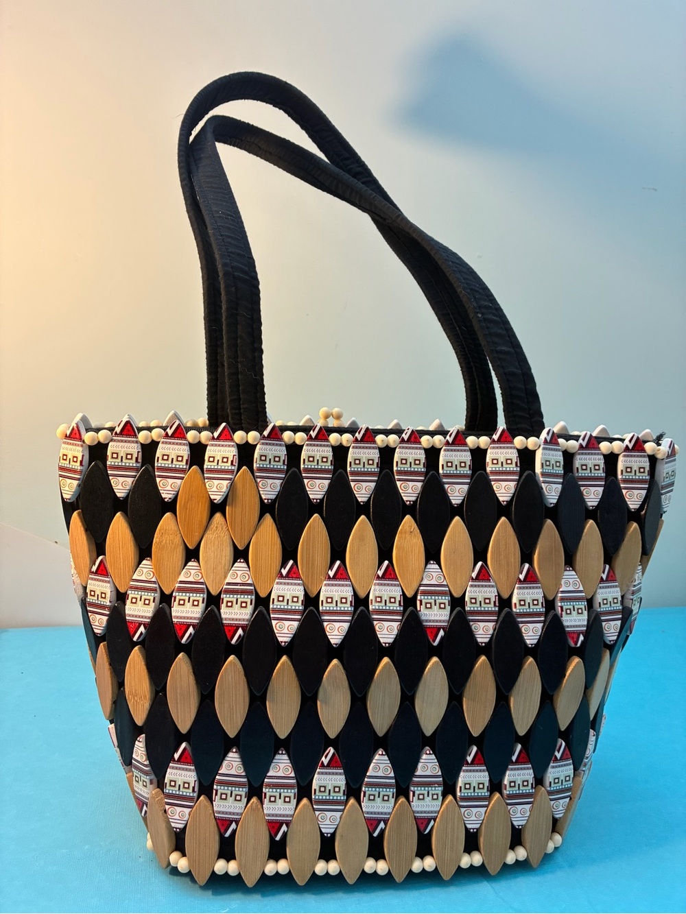 Handcrafted Black and Natural Wood Bead Tote Bag African Zip Top
